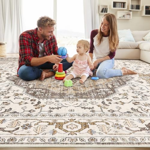 Vintage 5x7 Rugs for Living Room Washable Area Rug Camel/Beige - Image 4