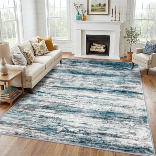 KOZYFLY Washable Rugs 8x10 Area Rug Modern Washable Large Area Rugs Blue by KOZYFLY