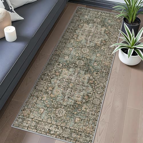 Washable Runners for Hallways 2x6: Non Slip Vintage Boho Long Carpet Green - Image 2