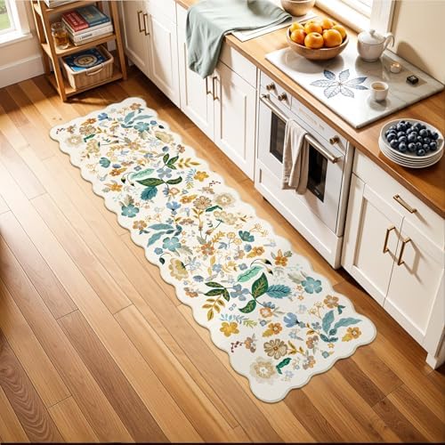 2x6 Washable Hallway Runner Rug: Floral Scalloped Kitchen Rug Beige-Cream - Image 7