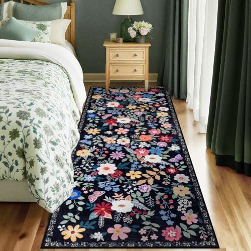 PLHXFR 2x6 Washable Runner Rug：Floral Indoor Kitchen Soft Carpet Black - Image 2
