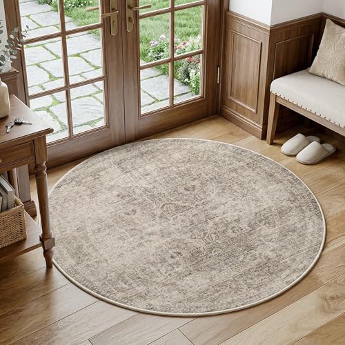 FMFUNCTEX 4ft Round Washable Taupe Distressed Vintage Area Rug by Fmfunctex