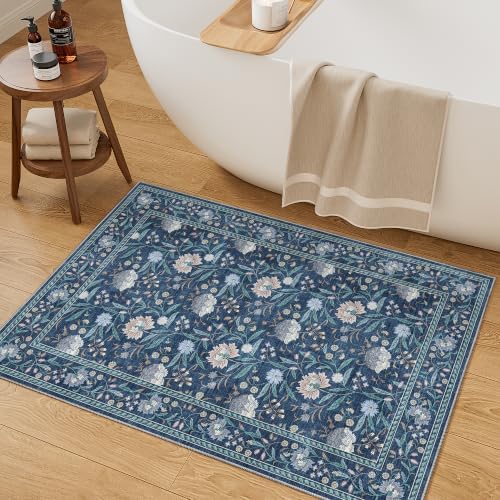 DUKINO 2x3 Rug, Washable Vintage Floral Bathroom Rugs Non Slip, Dark Blue - Image 5