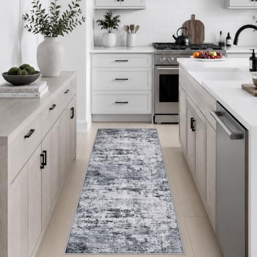 2x5 Washable Runner Rug：Modern Abstract Kitchen Soft Carpet Grey by FXRHLP