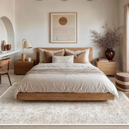 9x12 Washable Area Rug Beige Grey Non Slip Vintage Carpet - Image 3