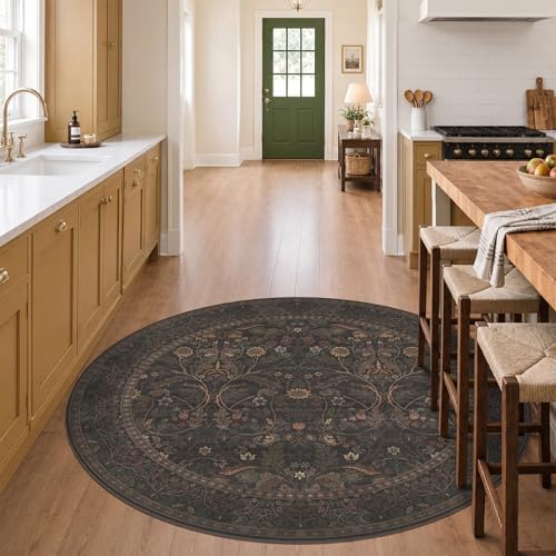 Brown Floral 6ft Round Rug for Living Room Kitchen Dining Room Under Table - Image 3