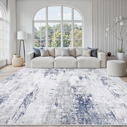 10x14 Area Rugs for Living Room Large Washable Abstract Rug Night Blue/Grey by GENTDRIZZ