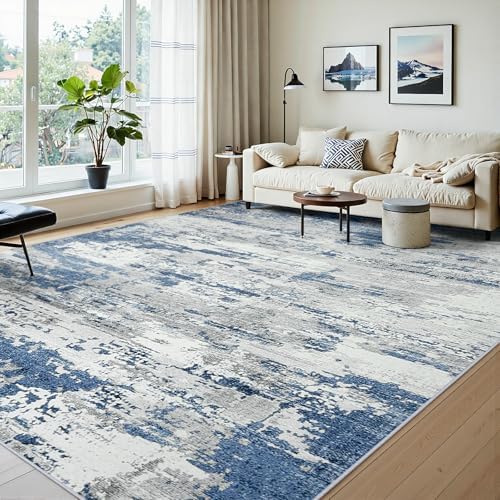 9x12 Area Rugs for Living Room Large Washable Abstract Rug Grey/Blue - Image 2