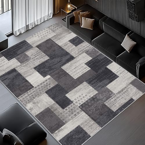 Modern Geometric Patchwork Indoor Charcoal Area Rug - Image 2