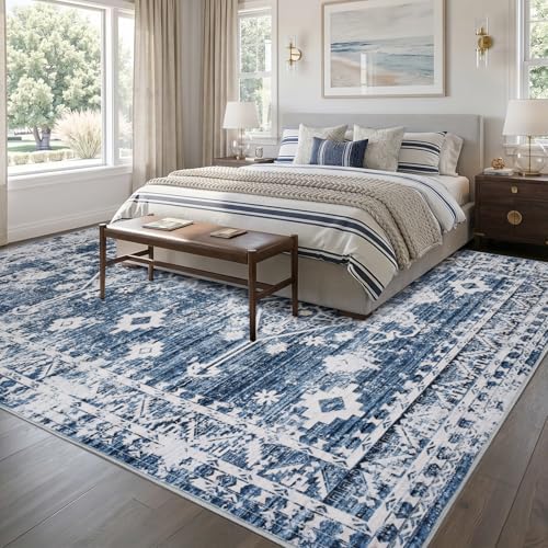Vintage Blue Area Rugs 8x10, Washable Living Room Rug Non-Slip - Image 3