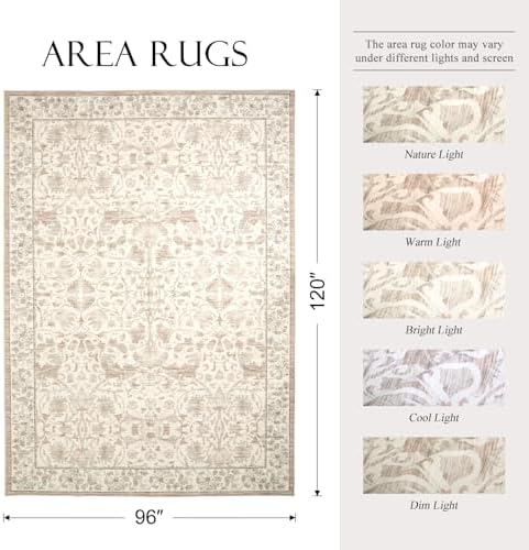 8x10 Area Rugs for Living Room, Washable Rug Beige Floral Print - Image 2