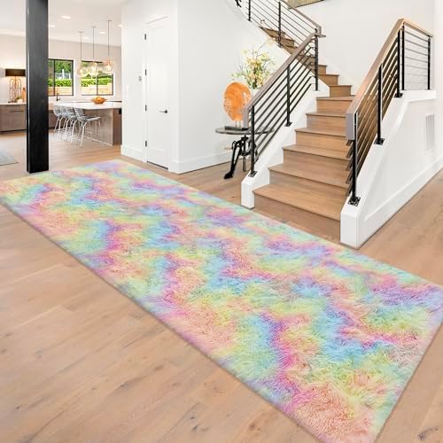 Fluffy Rainbow Rug for Girls Bedroom 3x10 Feet Kawaii Tie Dye Area Rug Colorful by JiaoBaba