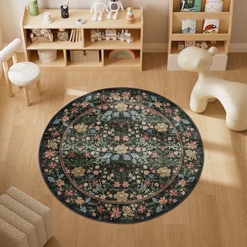 DUKINO 4ft Round Rug, Washable Vintage Floral Area Rug - Image 3