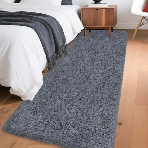 2x6 Bedside Area Rugs for Bedroom Soft Fluffy Shag Grey Rug for Hallway by JiaoBaba