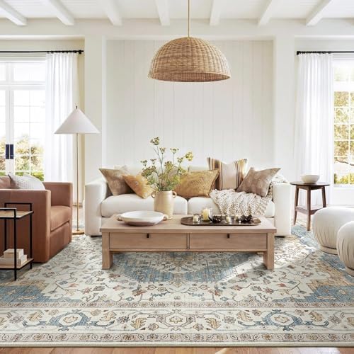 Vintage 8x10 Rugs for Living Room Washable Area Rug Blue/Beige - Image 7