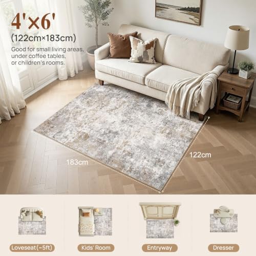 UERMEI 4x6 Area Rug Living Room Rugs Washable Neutral Brown Grey Carpet - Image 3