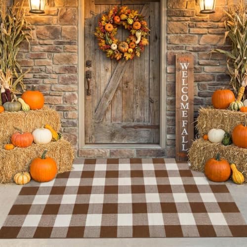 SEEKSEE Fall Decor Buffalo Plaid Outdoor Rug 3' x 5' Coffee and White Front by SEEKSEE