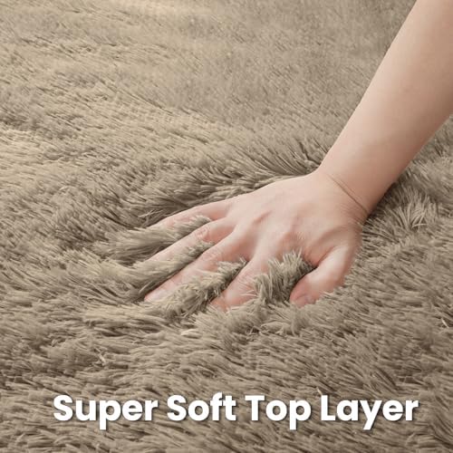 Grey Camel Round Fluffy Rug 6ft Plush Fuzzy Shaggy Carpet - Image 6
