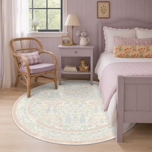 Pink and Blue 6ft Round Washable Nursery Rug, Non Slip Soft Low Pile Circle - Image 3
