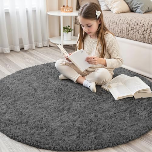 Dark Gray Round Fluffy Rug 5ft Plush Fuzzy Shaggy Carpet - Image 4