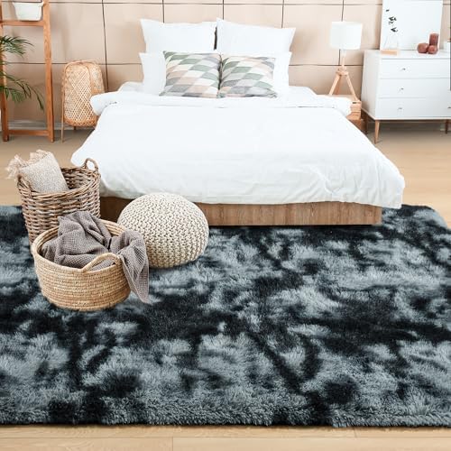 Noahas 5x7 Tie-Dyed Black and Grey Fluffy Area Rug Non-Slip - Image 3