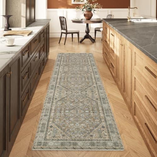 2'x8' Beige Brown Runner Rug, Washable Carpet by Unknown