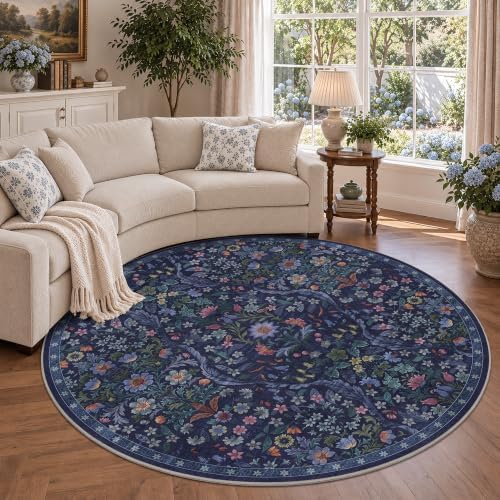 Round Rug 6ft Floral Circle Rug Blue Botanical Indoor Area Rugs by NakedCloud