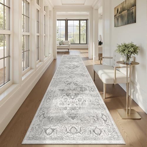 Washable 2.6x10 Runner Rug, Non Slip Hallway Rugs Ivory/Gray - Image 4