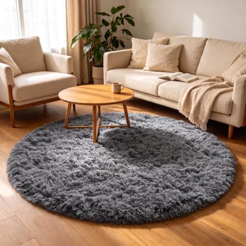 ONASAR Grey Round Area Rugs 5ft, Fluffy Plush Shaggy Carpet by ONASAR
