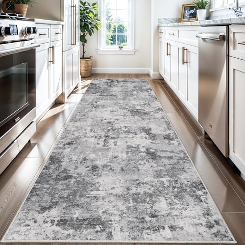 Washable Abstract Rug Hallway 3x9: Non Slip Modern Indoor Runner Black Grey - Image 2