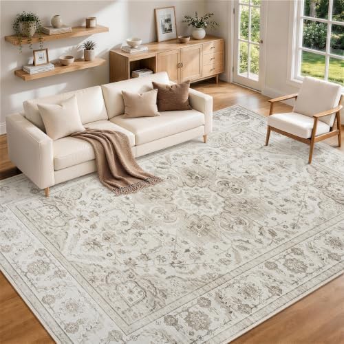 Washable 9x12 Area Rugs for Living Room Beige White Non-Slip Rug - Image 3