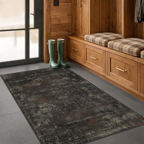 Black 3x5 Washable Entryway Rug, Non Slip Indoor Kitchen Rug, Dark Charcoal - Image 3