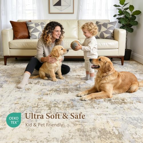 5x7 Area Rugs, Washable Living Room Rug, Abstract Brown Grey - Image 5