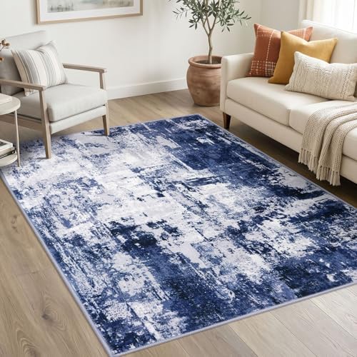 KOZYFLY Washable Modern Abstract Living Room Area Rug 5x7 Navy Blue/Grey by KOZYFLY