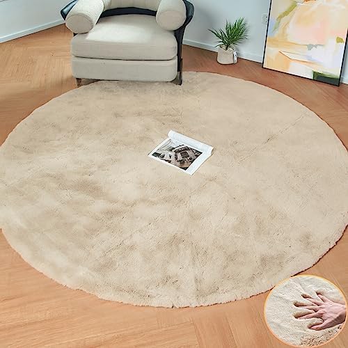 ORINOVA Light Brown Beige Washable Shaggy Round Rug 5ft Faux Rabbit Fur Rugs by ORINOVA