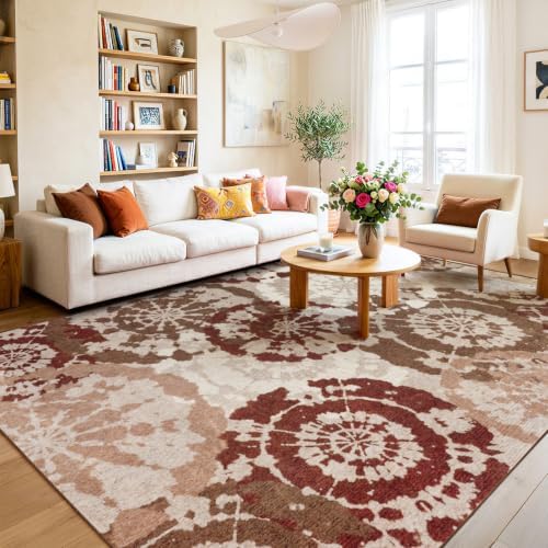 Large Boho Modern 8x10 Area Rug, Terracotta & Beige Low-Pile Washable Rug by Quntue