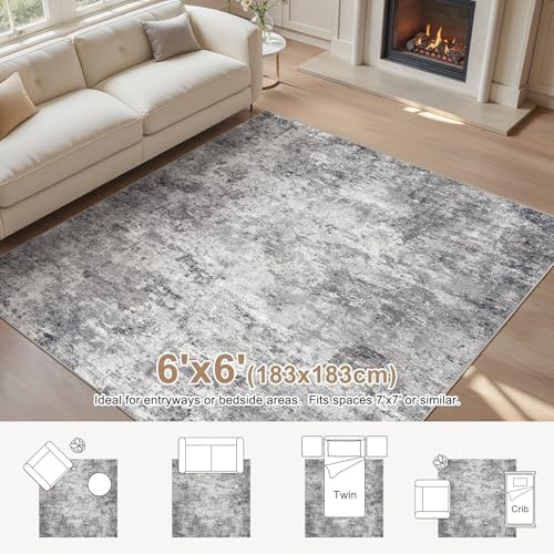 UERMEI Square Area Rugs : Washable 6x6 Neutral Modern Abstract Carpet - Image 3