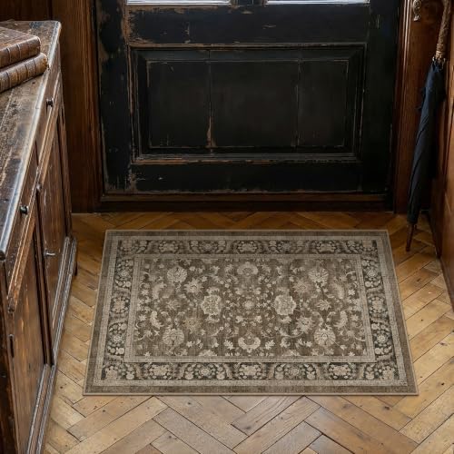 PureCozy Brown Small Entryway Rug 2x3 Vintage Floral Distressed by PureCozy