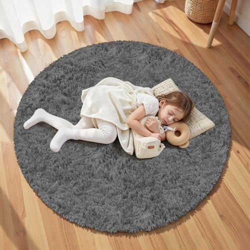 Dark Gray Round Fluffy Rug 5ft Plush Fuzzy Shaggy Carpet - Image 6