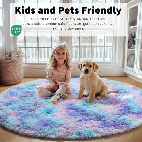 Rainbow Fluffy Round Rug Circle Area Rugs 4ft - Image 4