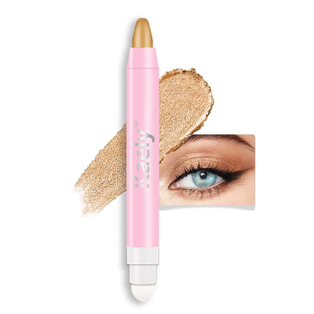 Kaely 2in1 Cream Eye Shadow Brightener Sticks for Eyes, Pencil Eyeshadow Applicator Stick Waterproof Pigmented, Eye Shadow Palette Highlighter Makeup, sombras para ojos, 15 Beige Gold Shimmer