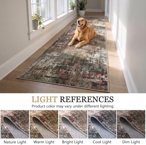 Hallway Washable Runner Rug 2x7 Non Slip Carpet Runner, Olive/Burgundy - Image 6
