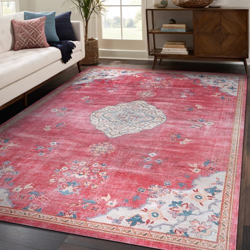 Non Slip Area Rugs 5x7 Boho Medallion Floral Non Skid Rubber Backing Easy Silk by BeverlyRug