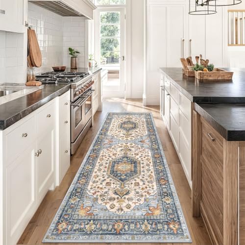 KUTA Washable Kitchen Runner 3x8 Washable 8 ft Ivory Blue Runners - Image 3