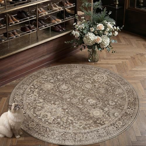 HUGEAR 8x8 Round Rugs Brown Vintage Rug - Image 2