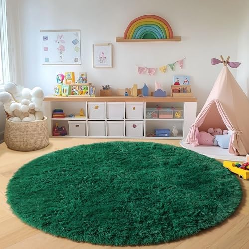 Dark Green Fluffy Round Rug Circle Area Rugs 4ft - Image 4