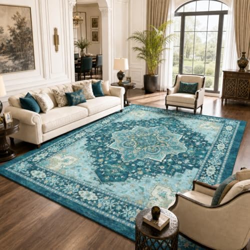 Amada Vintage Washable Area Rug, Teal Blue - Image 4