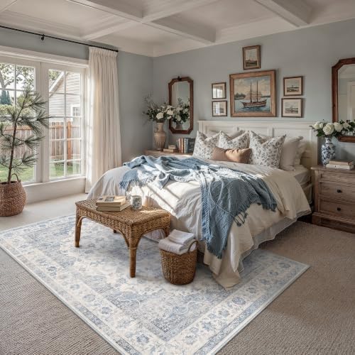 Blue 5x7 Area Rug Washable Netural Vintage Distressed Carpet - Image 2