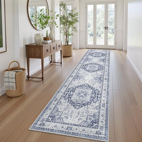 Hallway Washable 2.6x10 Runner Rug, Non Slip Vintage Kitchen Rugs Navy/Blue - Image 4