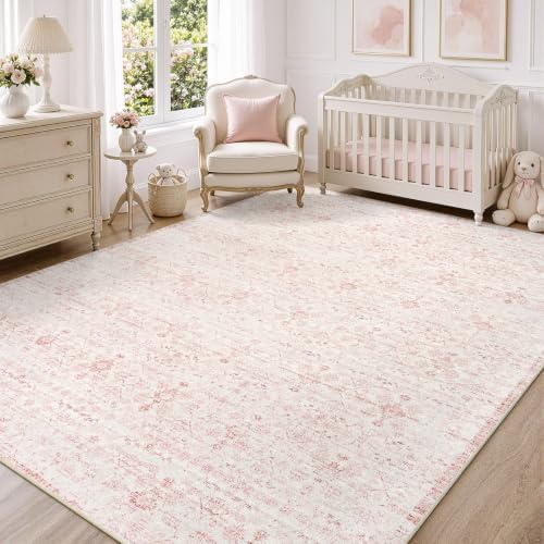 DCX Pink and Beige 4x6 Washable Rug, Kid & Pet Friendly - Image 5